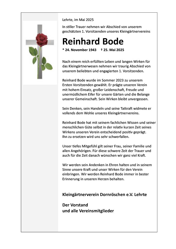 Traueranzeige Reinhard Bode